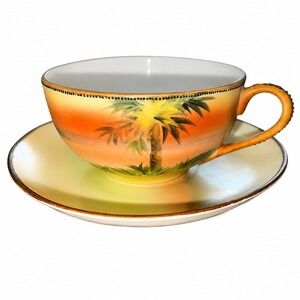 Vintage Nippon Japan Hand Painted Teacup Saucer Set Tropical Palm Tree Sunset